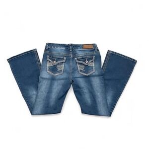 Ariya Jeans Flare Women 11/12 Blue Good Low Rise Thick Stitch Y2K Distressed